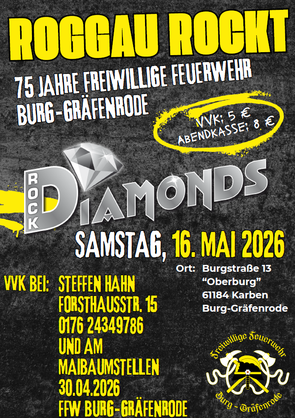 Plakat Roggau Rockt 2026 - 75 Jahre Freiwillige Feuerwehr Burg-Gräfenrode